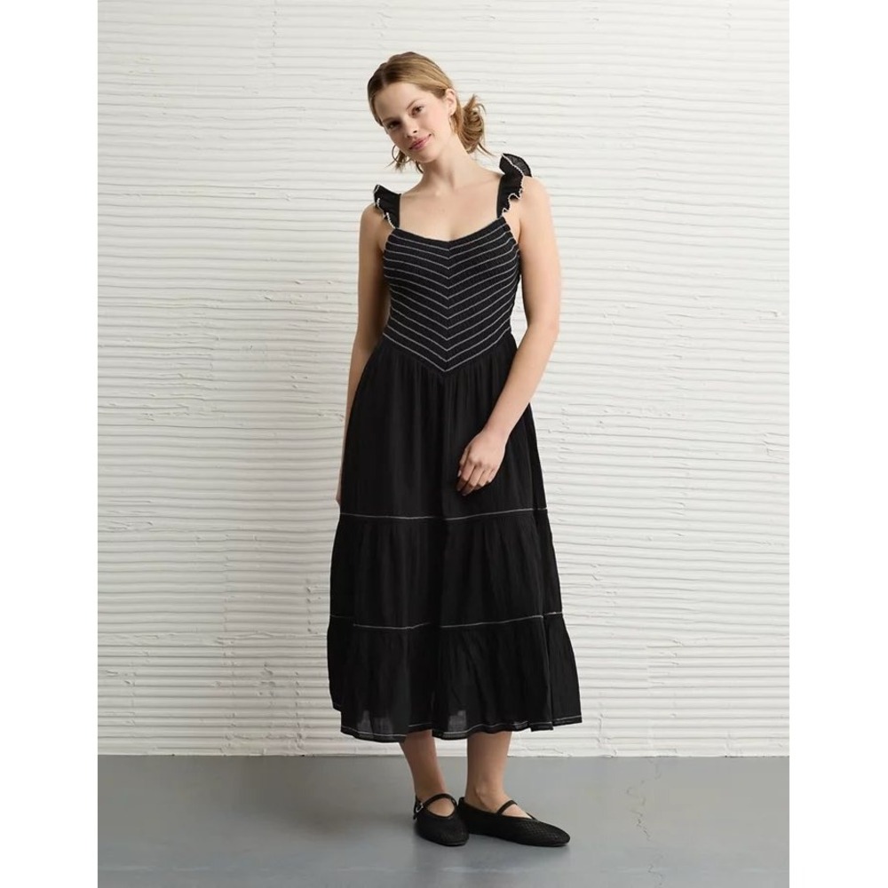 American Eagle Bella Smocked Midi Dress Black Small
